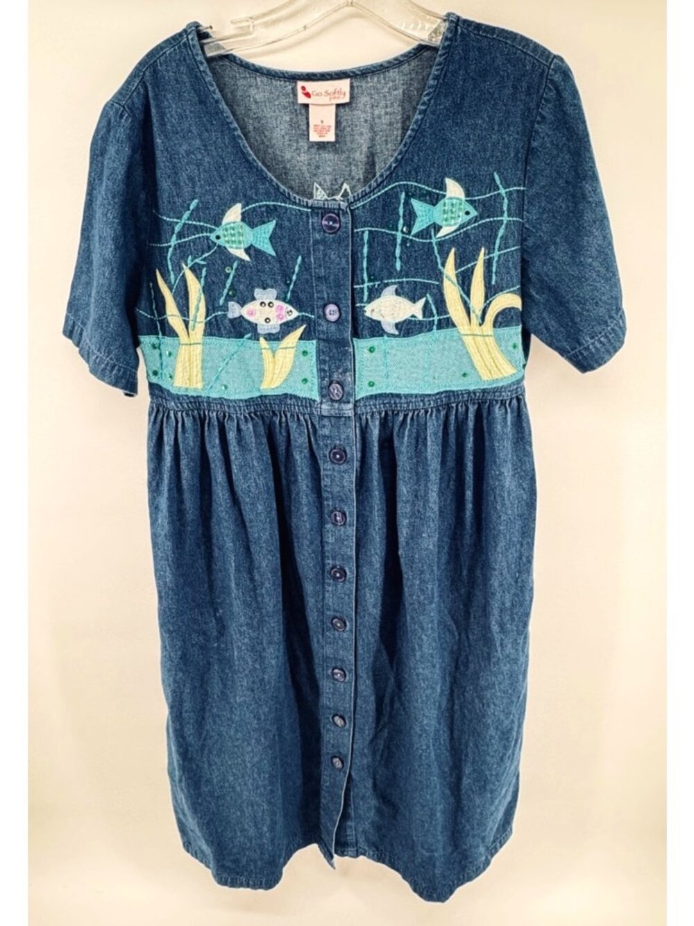 Vintage Go Softly Denim Patio Dress Sz S With Fish & Ocean Embroidery Button Fro
